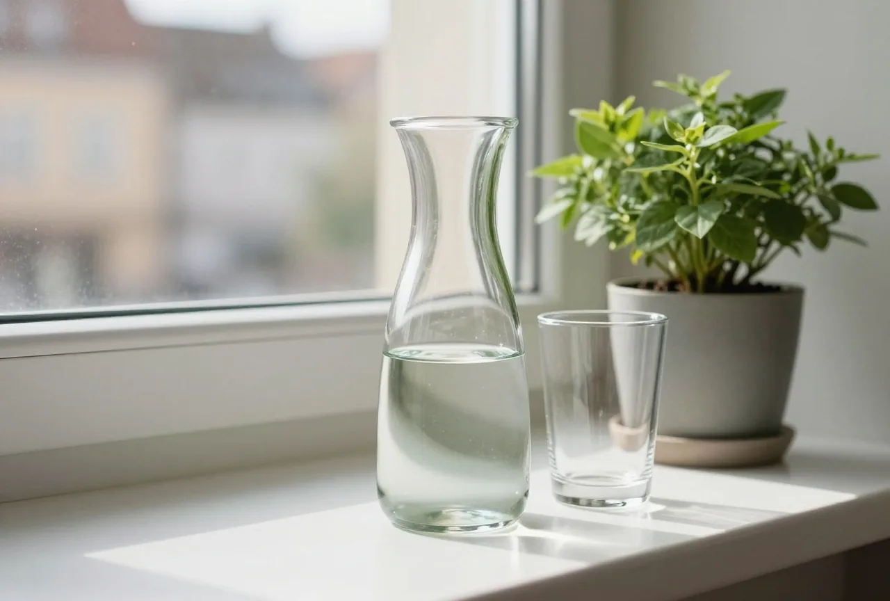 Wasserkaraffe und Glas auf einer hellen Fensterbank neben einer grünen Topfpflanze