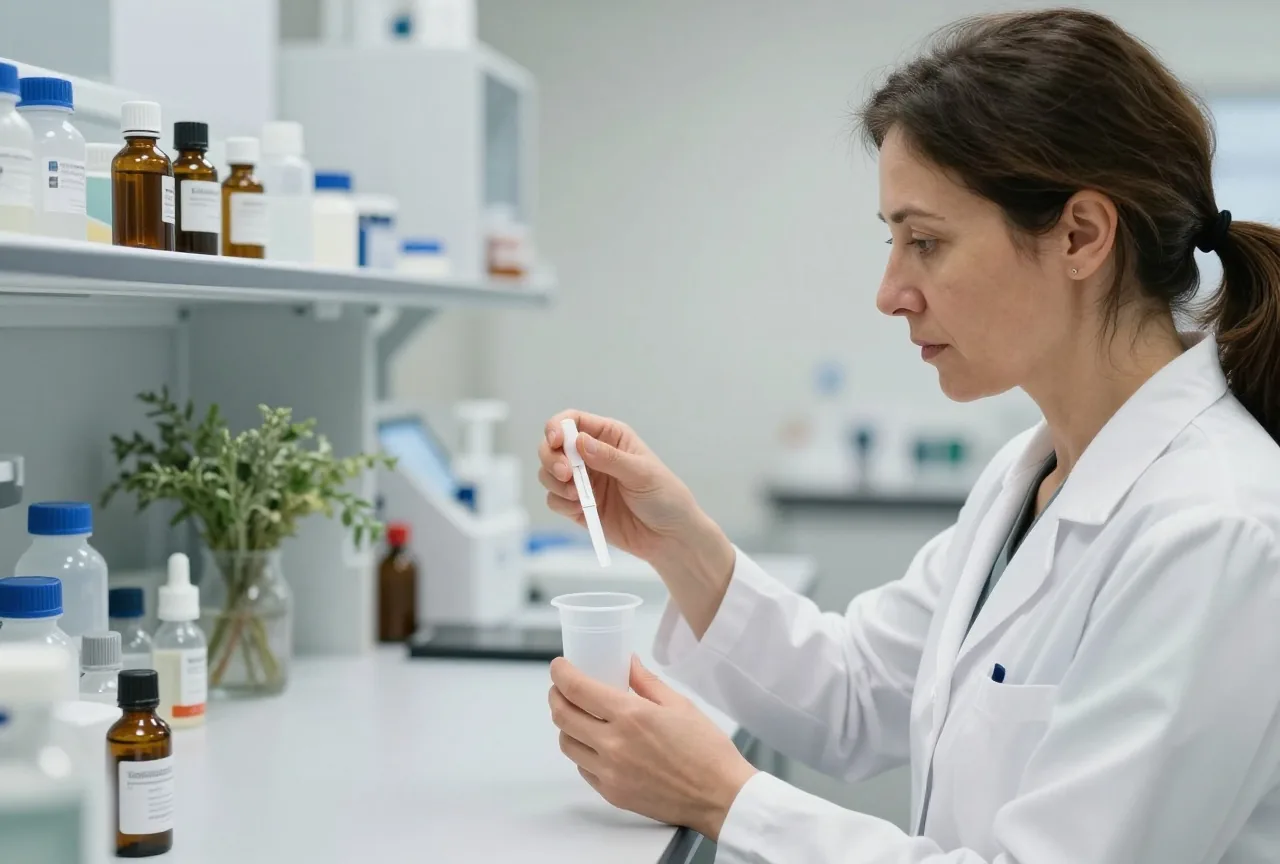 Ärztin hält im Praxislabor einen Urin-Teststreifen neben einen Probenbecher