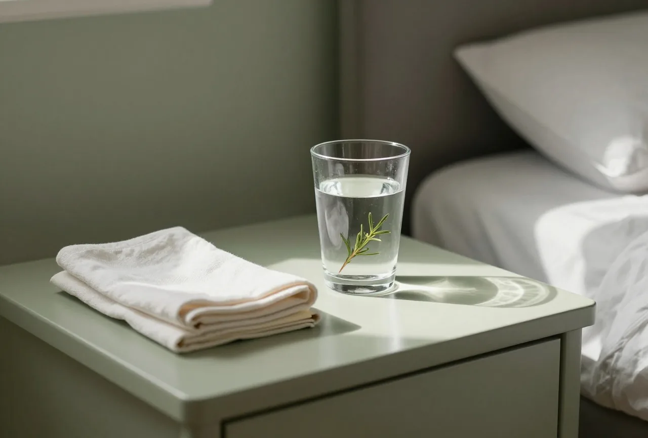 Nachttisch mit Wasserglas, gefaltetem Taschentuch und geschlossenem Kalender im Morgenlicht