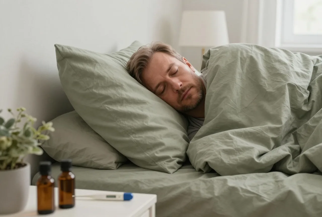 Mann ruht mit geschlossenen Augen im Bett, auf dem Nachttisch liegt ein Fieberthermometer