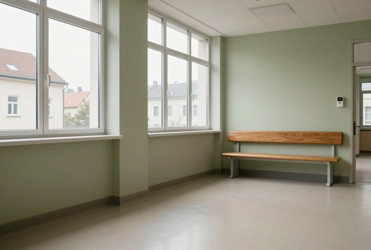 Leerer Klinikflur mit großen Fenstern, hellem Boden und einer Holzbank an der Wand