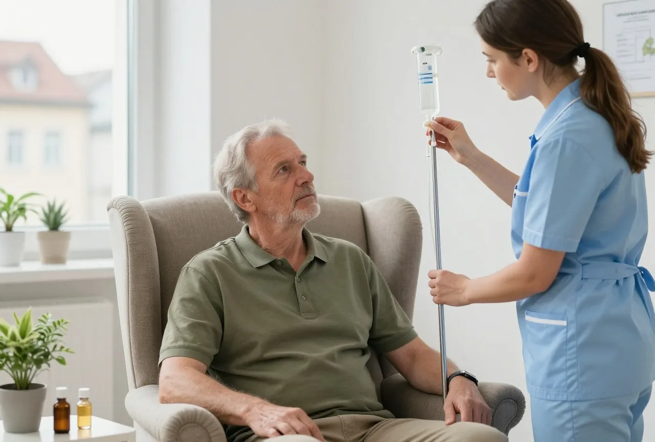 Mann sitzt im Infusionsraum im Sessel, eine Pflegerin stellt den Infusionsständer neben ihm ein