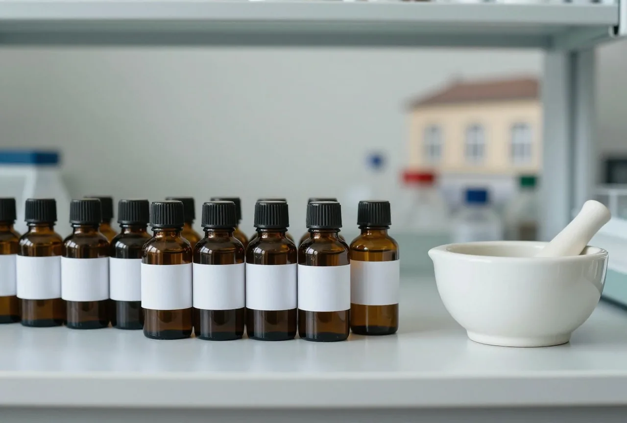 Kleine unbeschriftete Braunglasflaschen und ein Porzellanmörser auf einem Laborregal