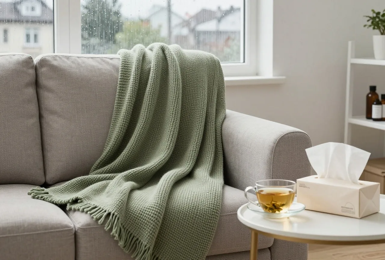 Sofa mit Strickdecke, daneben eine Tasse Tee und Taschentücher, im Hintergrund ein verregnetes Fenster