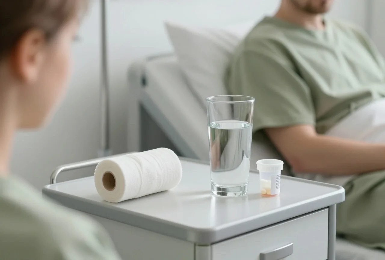 Nachttisch im Krankenhaus mit Verbandsrolle, Wasserglas und kleinem Becher ohne Beschriftung