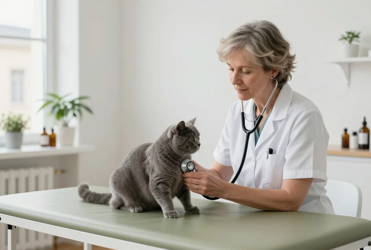 Tierärztin hört mit dem Stethoskop eine graue Katze auf dem Behandlungstisch ab