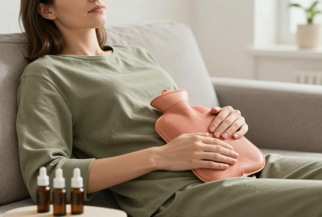 Frau um die dreißig sitzt mit einer Wärmflasche auf dem Bauch auf dem Sofa, die Augen geschlossen