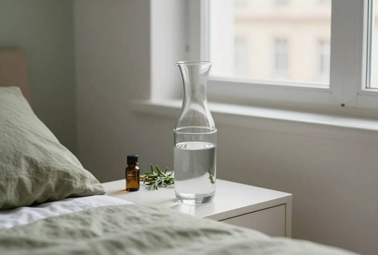 Wasserglas und Karaffe auf einem Nachttisch neben einem gemachten Bett im Tageslicht