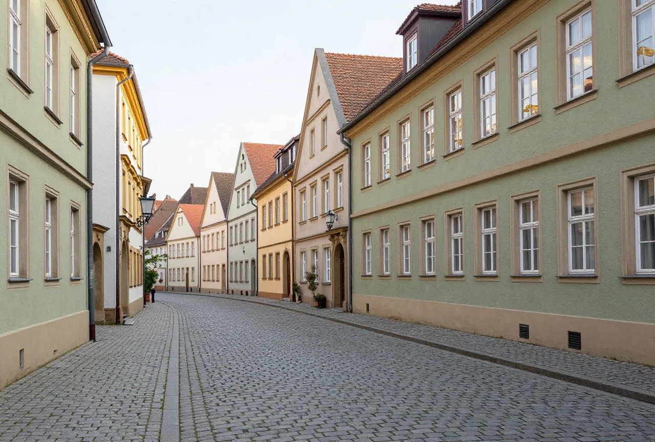 Stille Kopfsteinpflastergasse in einer historischen Kleinstadt mit Barockhäusern im frühen Morgenlicht