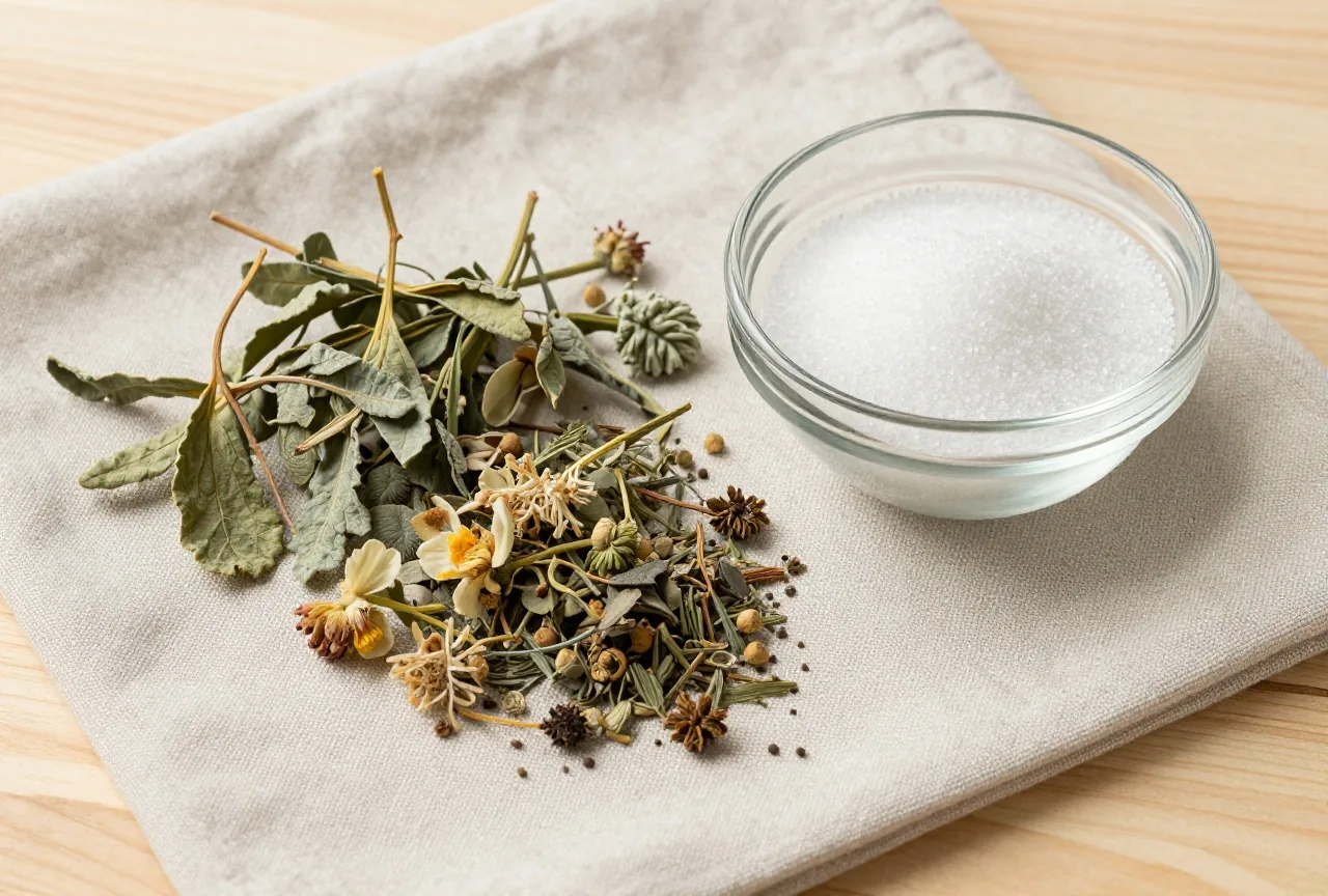 Getrocknete Kräuter und Blüten auf Leinen neben einer Glasschale mit kleinen weißen Kügelchen