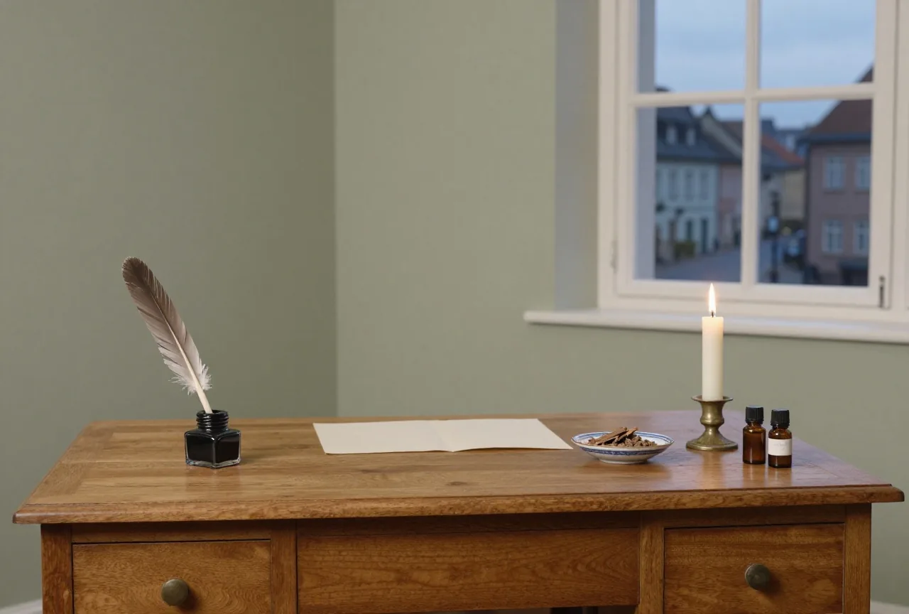Historisches Arbeitszimmer mit Schreibpult, Federkiel und einer Porzellanschale mit gemahlener brauner Rinde bei Kerzenlicht