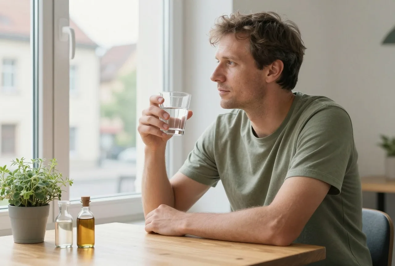 Ein Mann um die vierzig sitzt mit einem Glas Wasser an einem Holztisch und blickt aus dem Fenster
