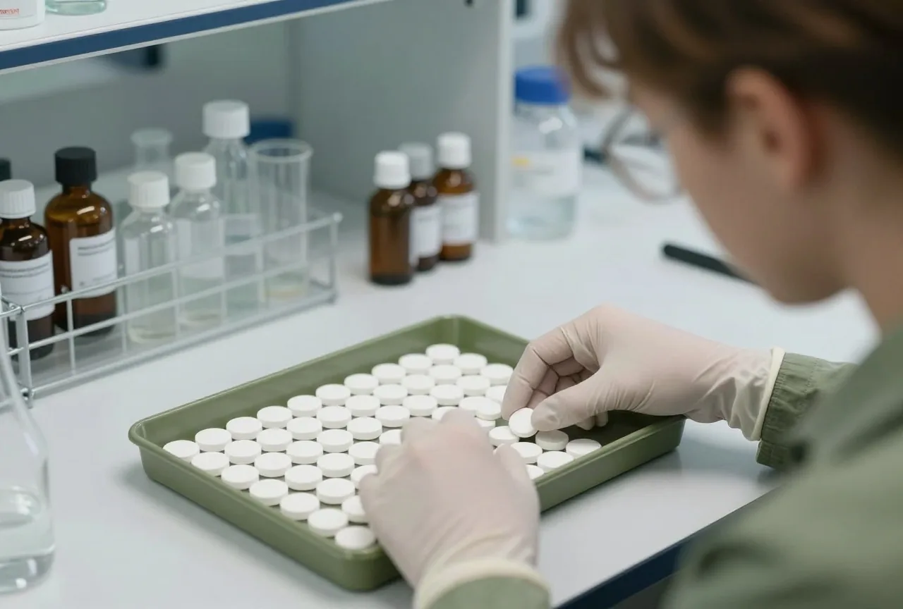 Behandschuhte Hände sortieren gleich aussehende weiße Tabletten in einem hellen Forschungslabor