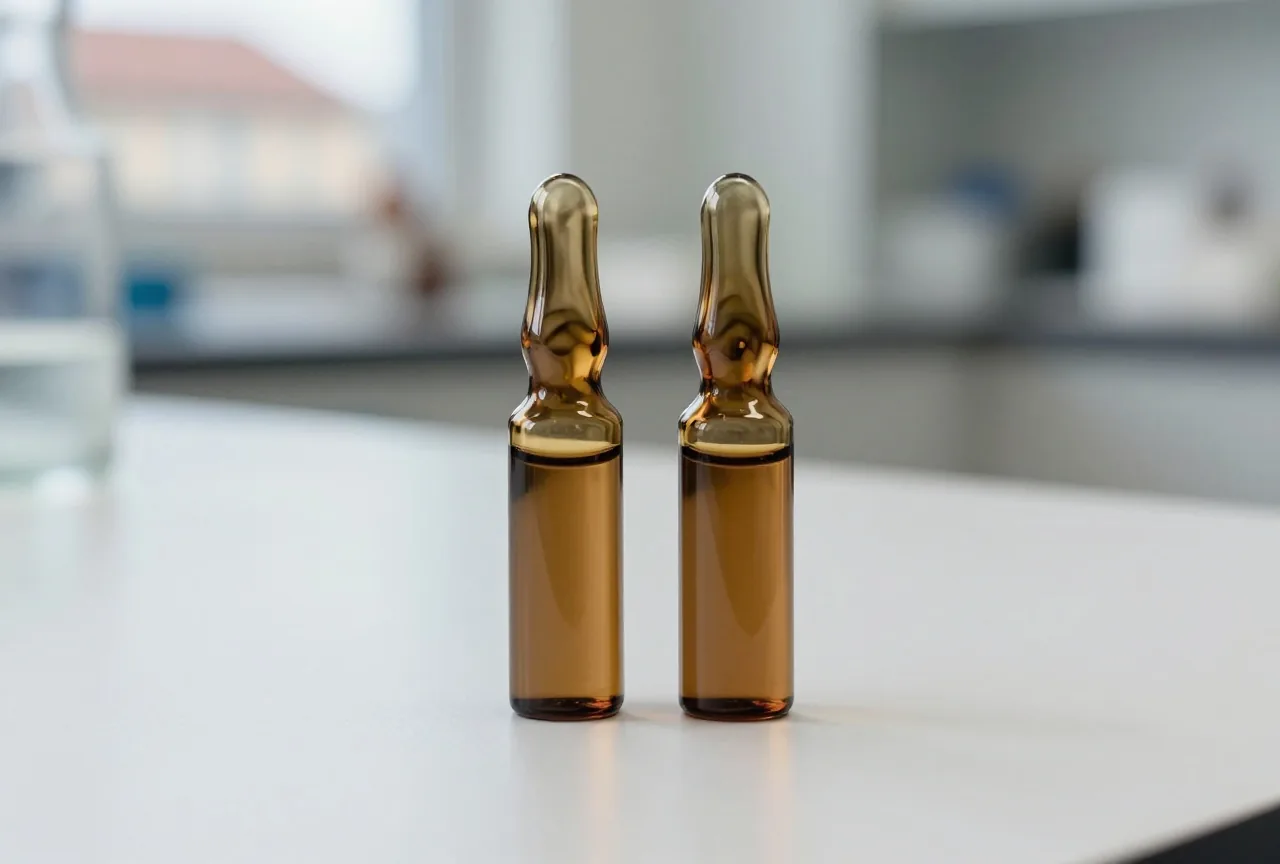 Zwei gleich aussehende kleine Braunglasfläschchen ohne Aufdruck stehen nebeneinander auf einem hellen Labortisch