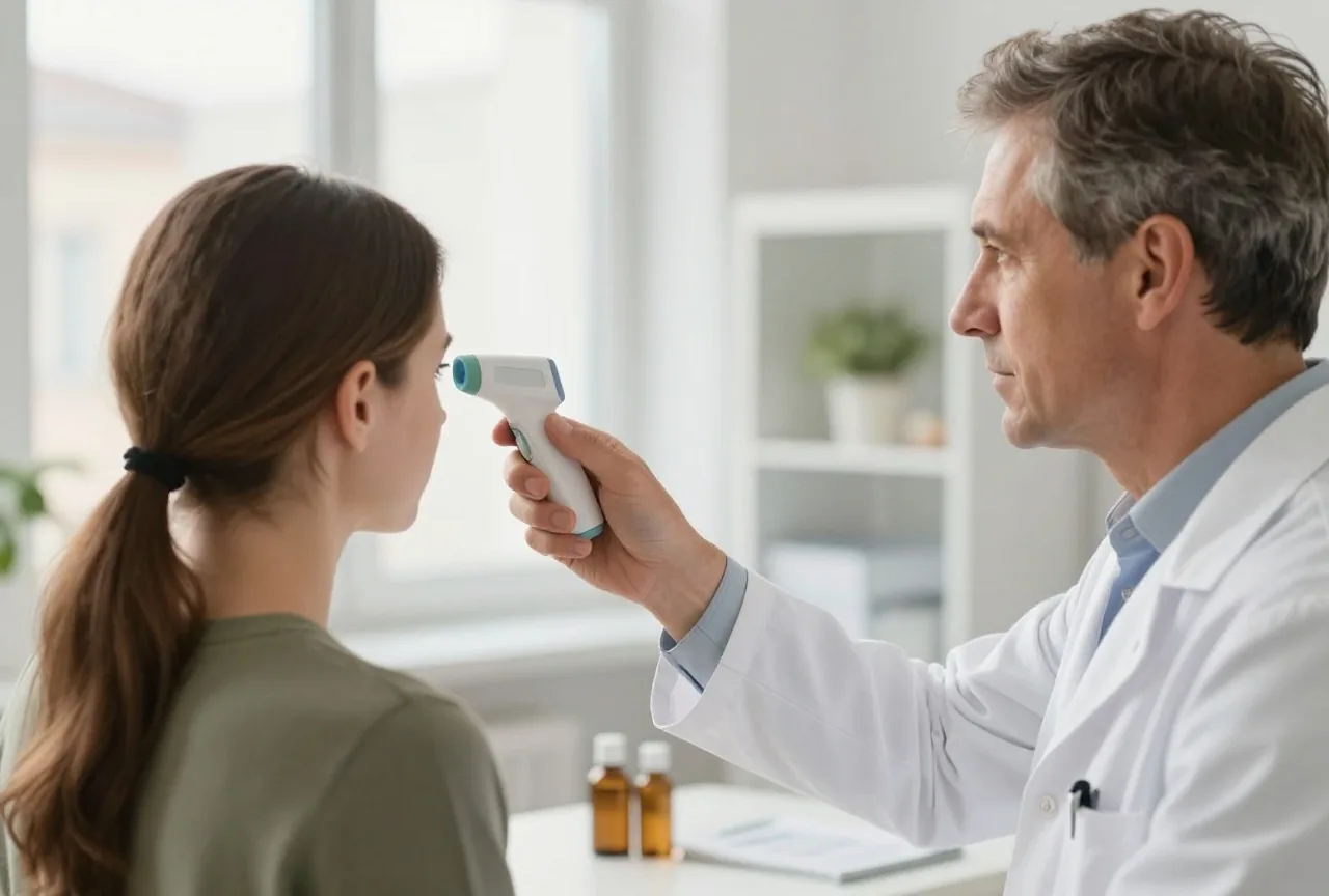 Ein Arzt misst einer sitzenden Patientin in einem hellen Behandlungsraum mit einem Ohrthermometer die Temperatur