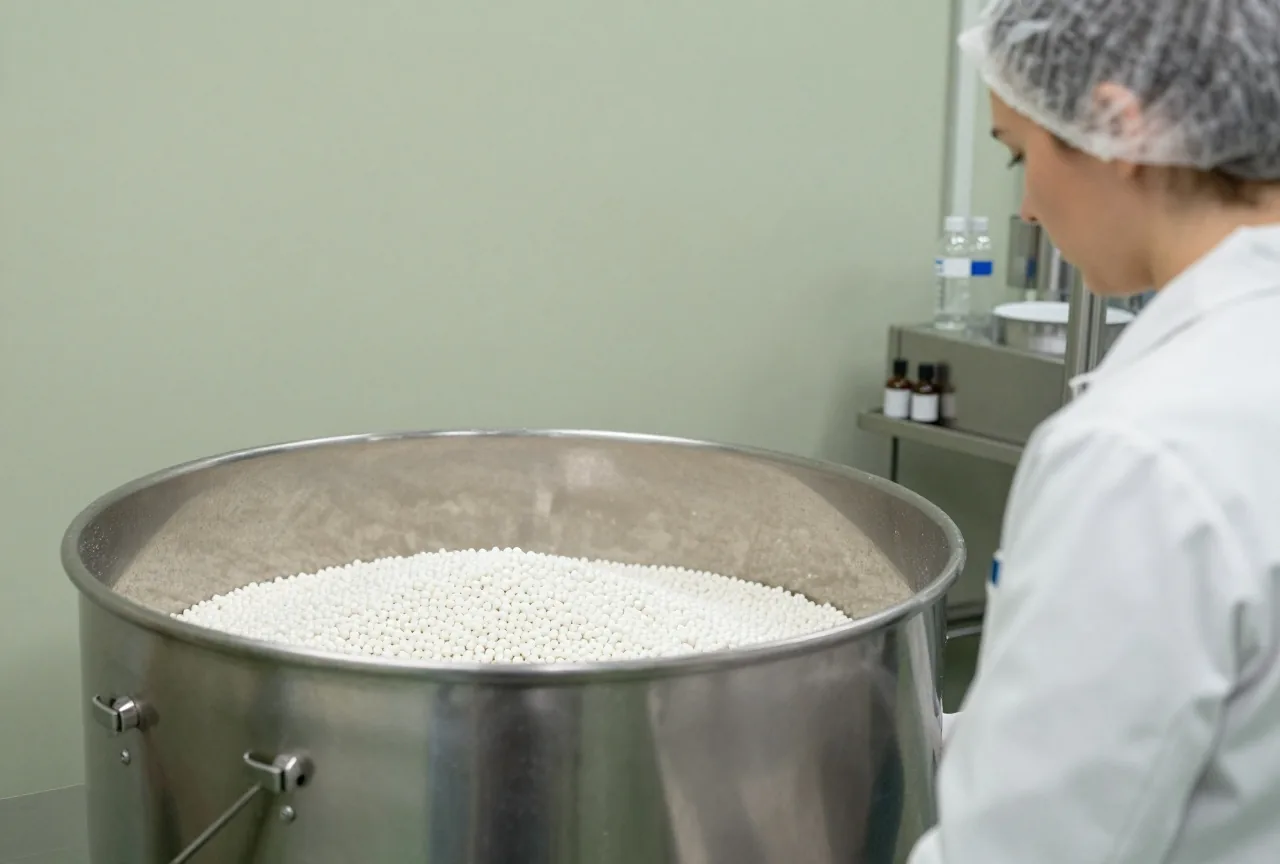 Große Edelstahltrommel mit weißen Kügelchen in einem sauberen Produktionsraum, daneben eine Mitarbeiterin im weißen Kittel