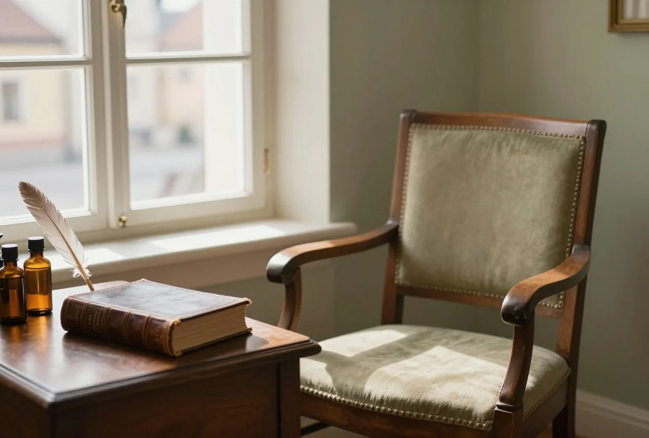 Leeres Arbeitszimmer aus dem 19. Jahrhundert mit Lehnstuhl am Fenster und geschlossenem Buch auf dem Schreibtisch