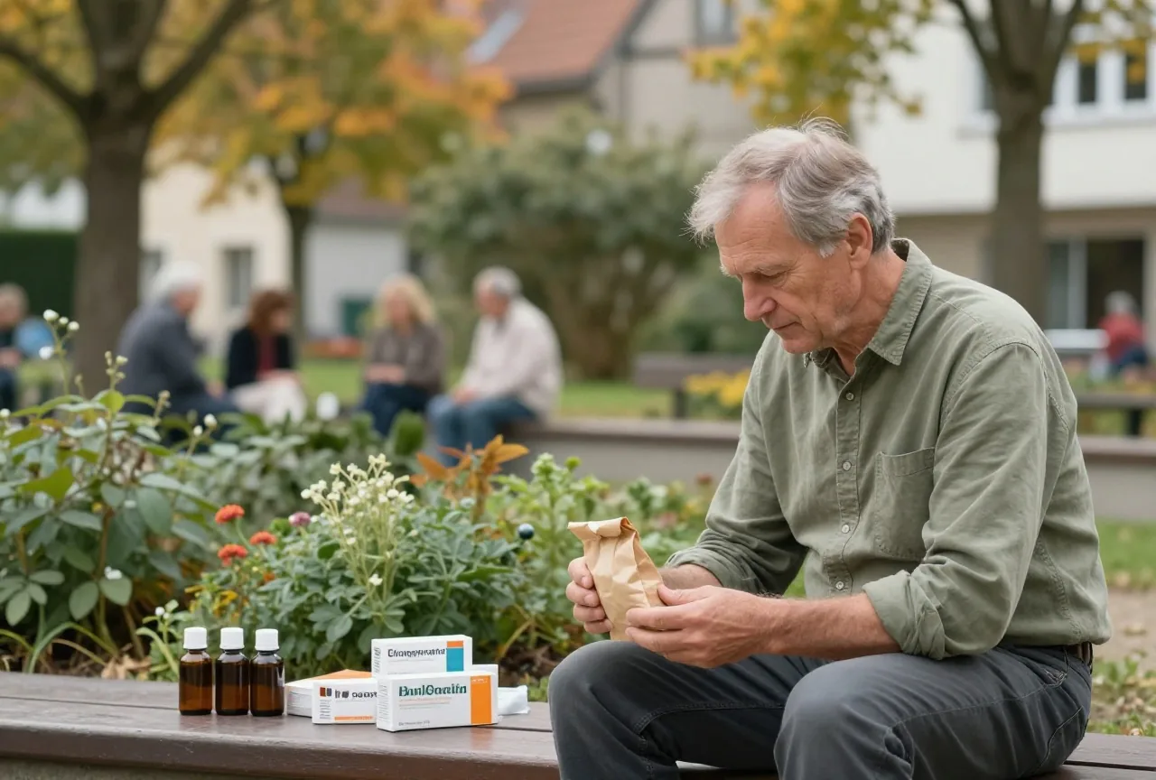 Älterer Mann sitzt auf einer Bank in einem Klinikgarten und hält eine kleine Papiertüte in den Händen