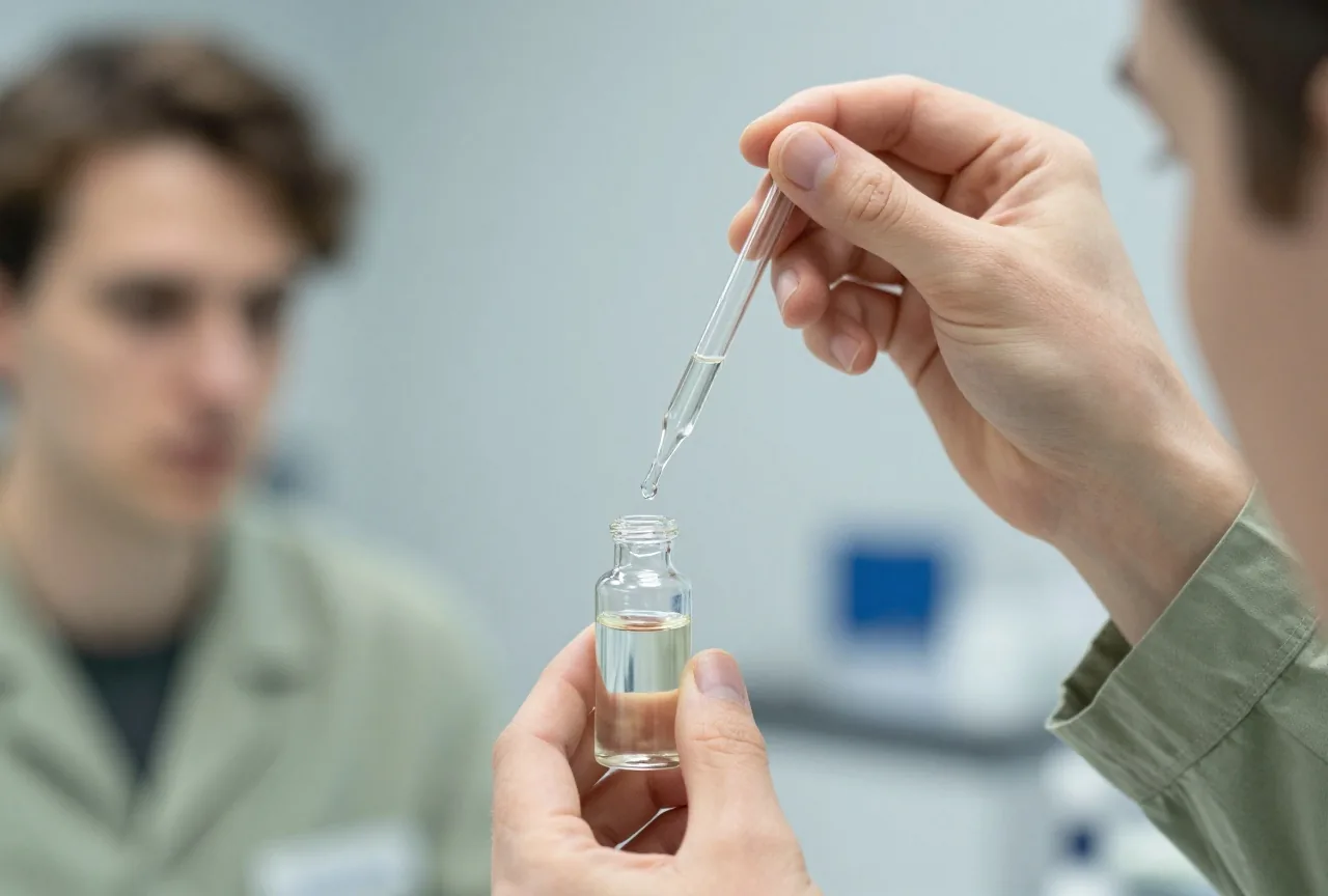 Hand gibt mit einer Pipette einen einzelnen Tropfen in ein kleines Glasfläschchen