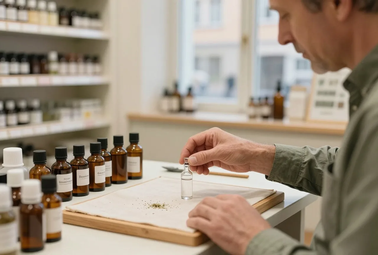 Älterer Mann schlägt in einem ruhigen alten Apothekenraum ein kleines Glasfläschchen auf ein stoffbezogenes Holzbrett