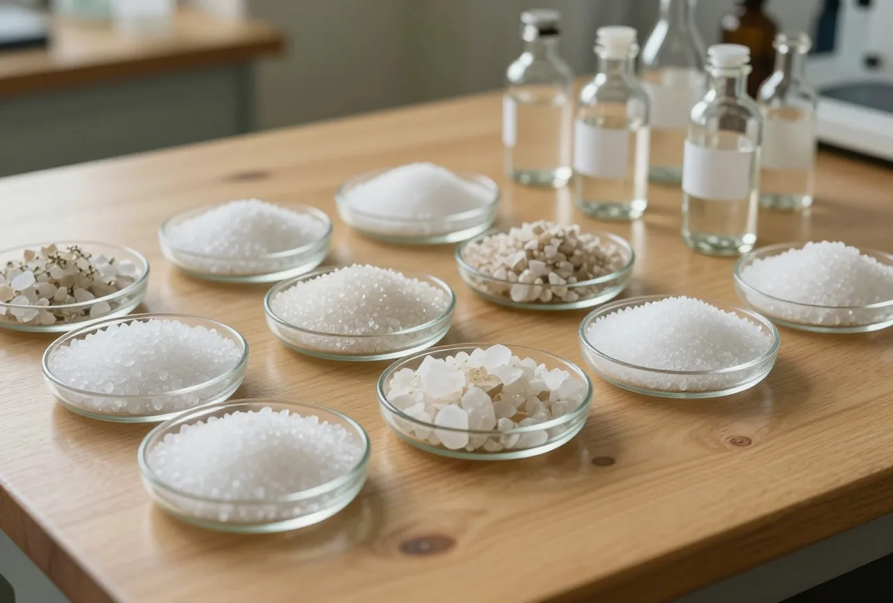 Grobe Kristalle verschiedener heller Mineralsalze in kleinen Glasschalen auf einem Holztisch