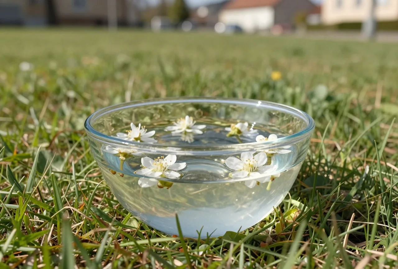 Eine Glasschale mit Wasser und schwimmenden Blütenköpfen steht in der Sonne auf einer Wiese