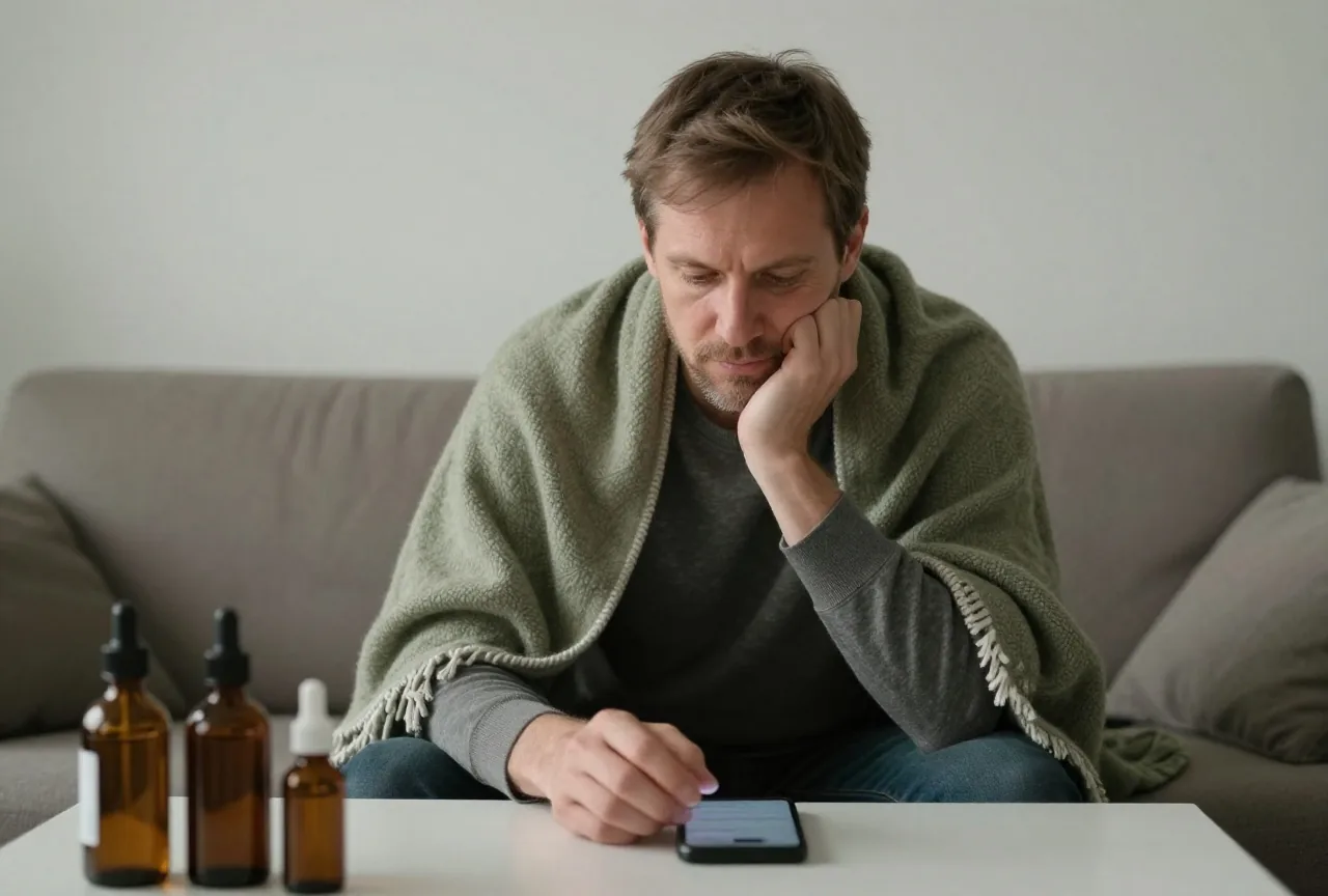 Mann sitzt abends mit einer Wolldecke auf dem Sofa und blickt nachdenklich auf ein umgedrehtes Telefon