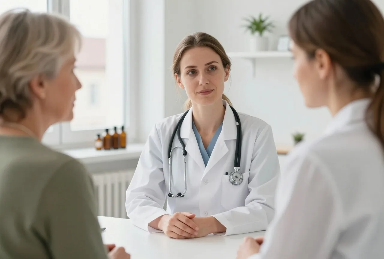 Ärztin hört in einem hellen Behandlungszimmer einer älteren Patientin zu