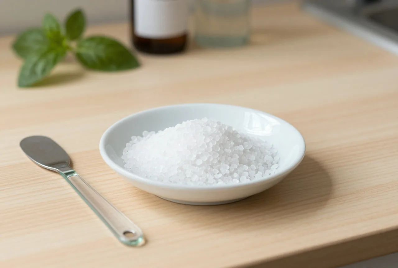 Weiße Porzellanschale mit groben durchscheinenden Salzkristallen auf einem hellen Labortisch, daneben ein Glasspatel