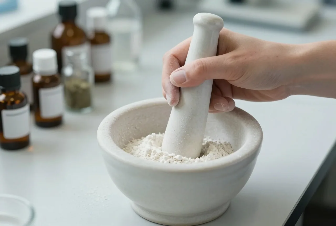 Eine Hand im Handschuh verreibt feines weißes Pulver mit einem Pistill in einer Porzellanschale