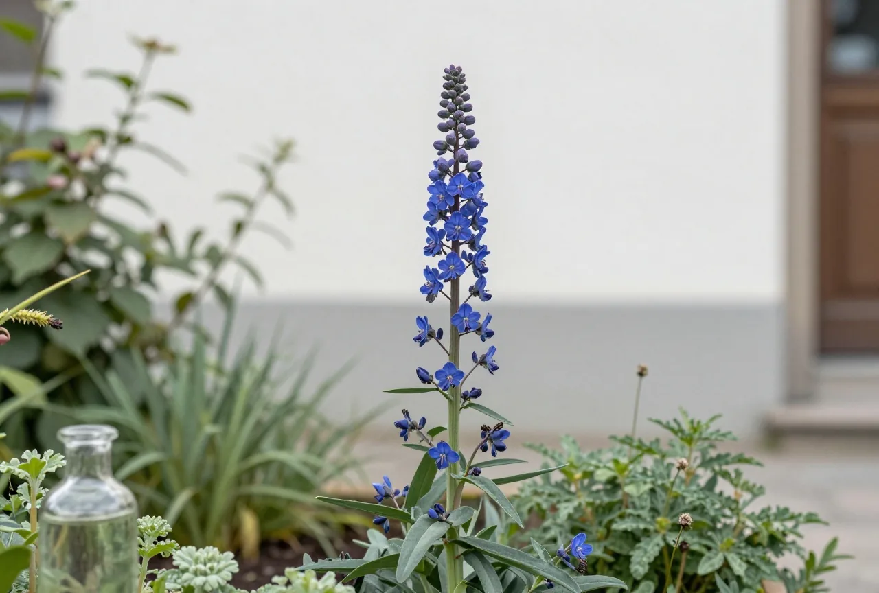 Hohe Pflanze mit tiefblauen helmförmigen Blüten am Rand eines schattigen Gartens