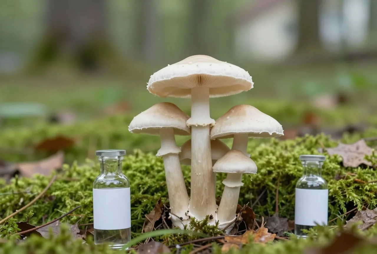 Mehrere wilde Pilze mit weißen Stielen und Hüten auf moosigem Waldboden zwischen Laub