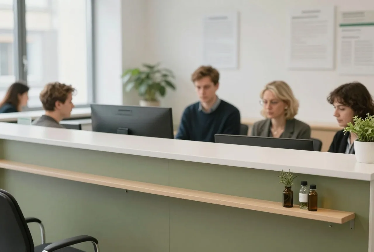 Aufgeräumter Empfangstresen in einem Büro mit leeren Stühlen im Wartebereich im Morgenlicht
