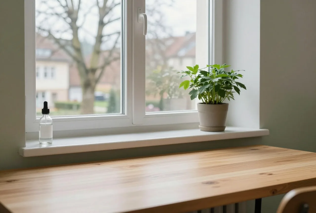 Leerer Holzschreibtisch neben einem hohen Fenster, draußen kahle Winterbäume, daneben eine Topfpflanze auf der Fensterbank