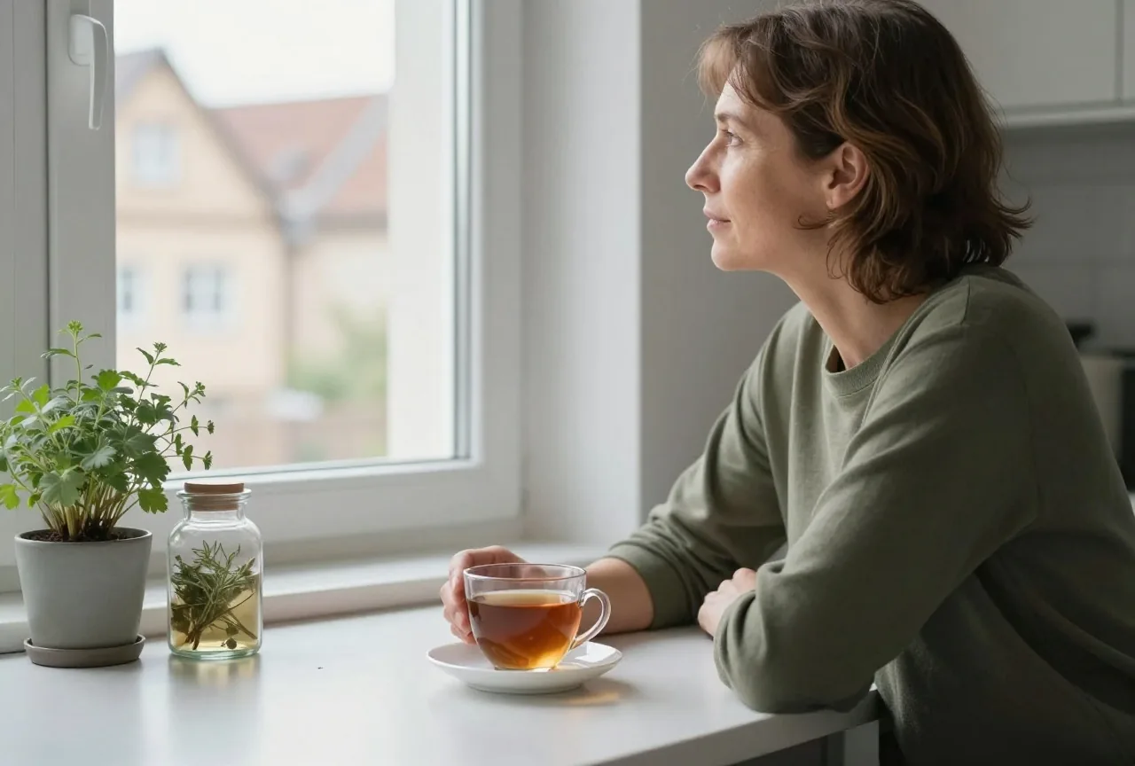 Frau in den Fünfzigern sitzt am Küchentisch mit einer Tasse Tee und schaut seitlich aus dem Fenster im Morgenlicht