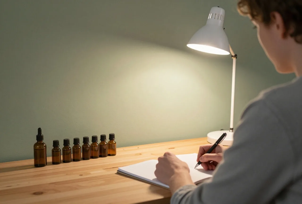 Person sitzt abends von hinten gesehen an einem Holzschreibtisch mit geschlossenem Notizbuch und Stift im Licht einer Tischlampe