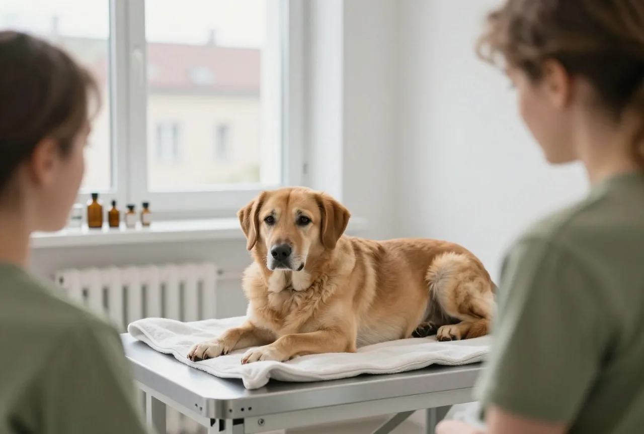 Ruhiger Hund liegt auf einer Decke in einem tierärztlichen Behandlungsraum im weichen Tageslicht