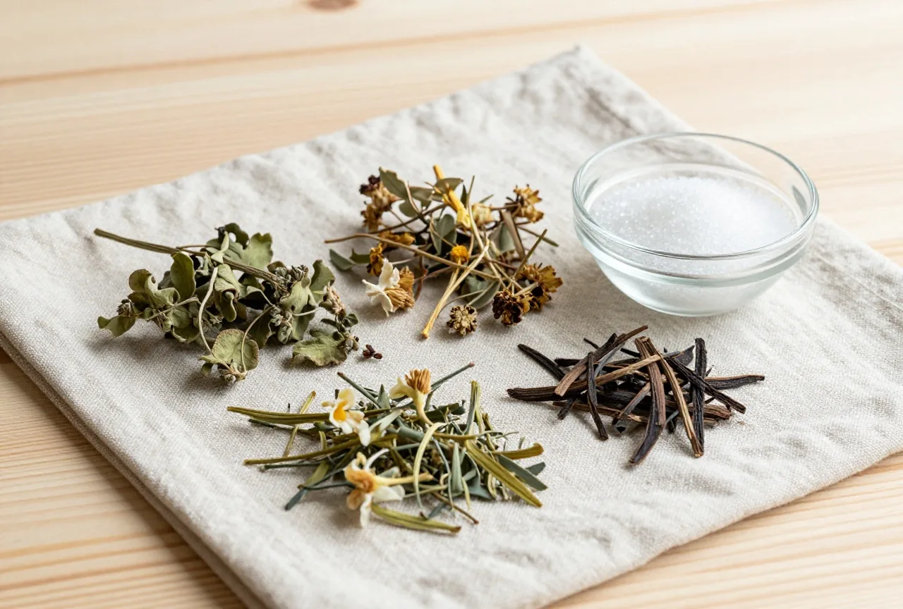 Getrocknete Kräuter und Blüten auf Leinen, daneben eine kleine Glasschale mit weißen Zuckerkügelchen auf einem Holztisch