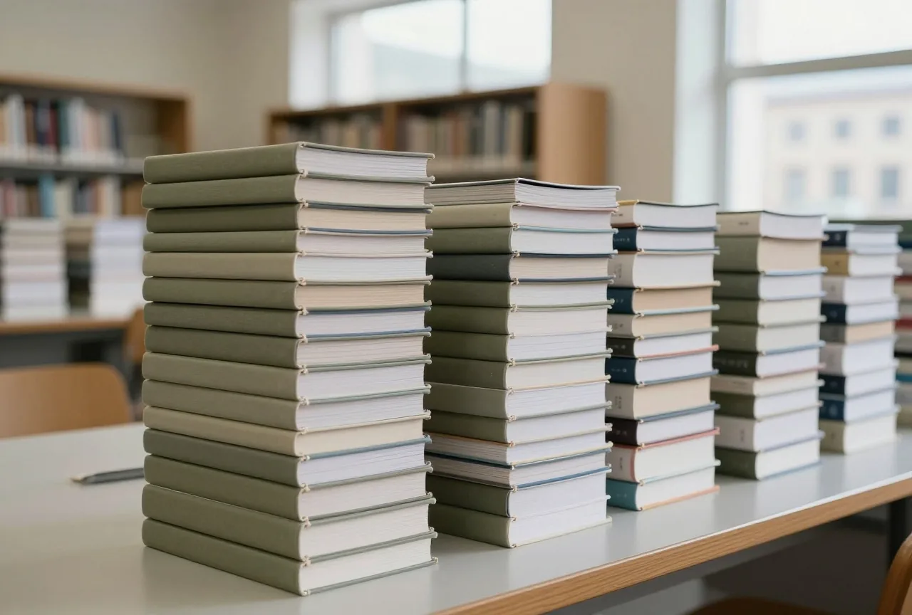 Hohe Stapel gebundener Fachzeitschriften mit schlichten Rücken auf einem langen Bibliothekstisch im Nachmittagslicht