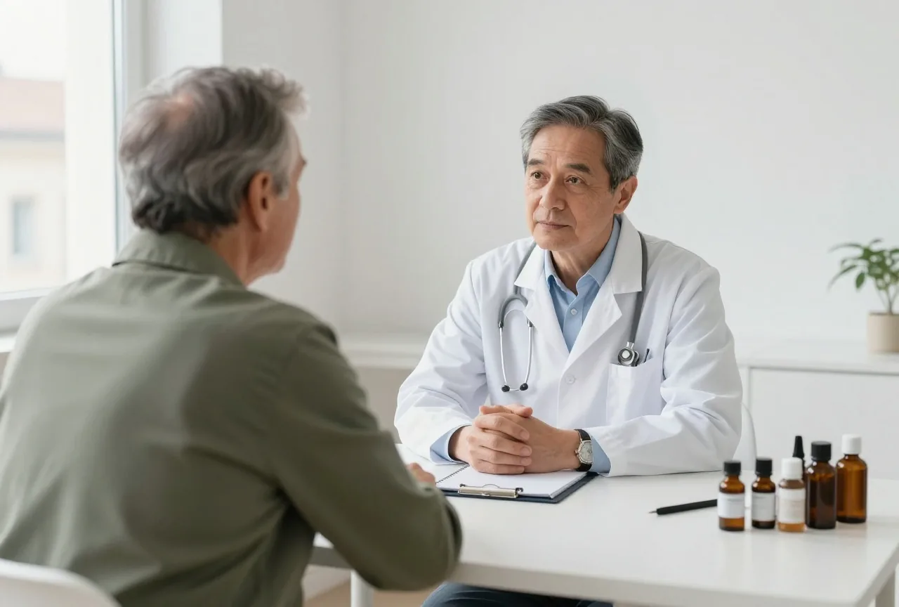 Arzt in den Vierzigern hört in einem hellen Sprechzimmer einer älteren Patientin aufmerksam zu