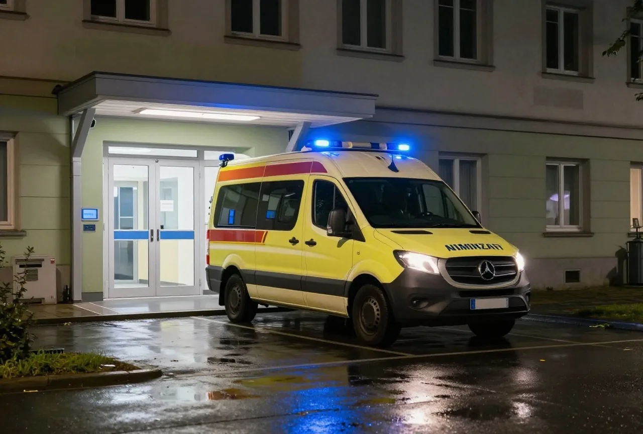 Rettungswagen steht nachts mit leuchtendem Blaulicht vor der Notaufnahme eines Krankenhauses