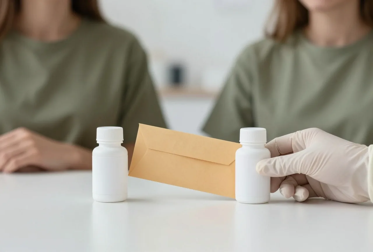 Zwei gleich aussehende weiße Fläschchen auf einem Kliniktisch, eine Hand im Handschuh legt einen verschlossenen Umschlag dazwischen