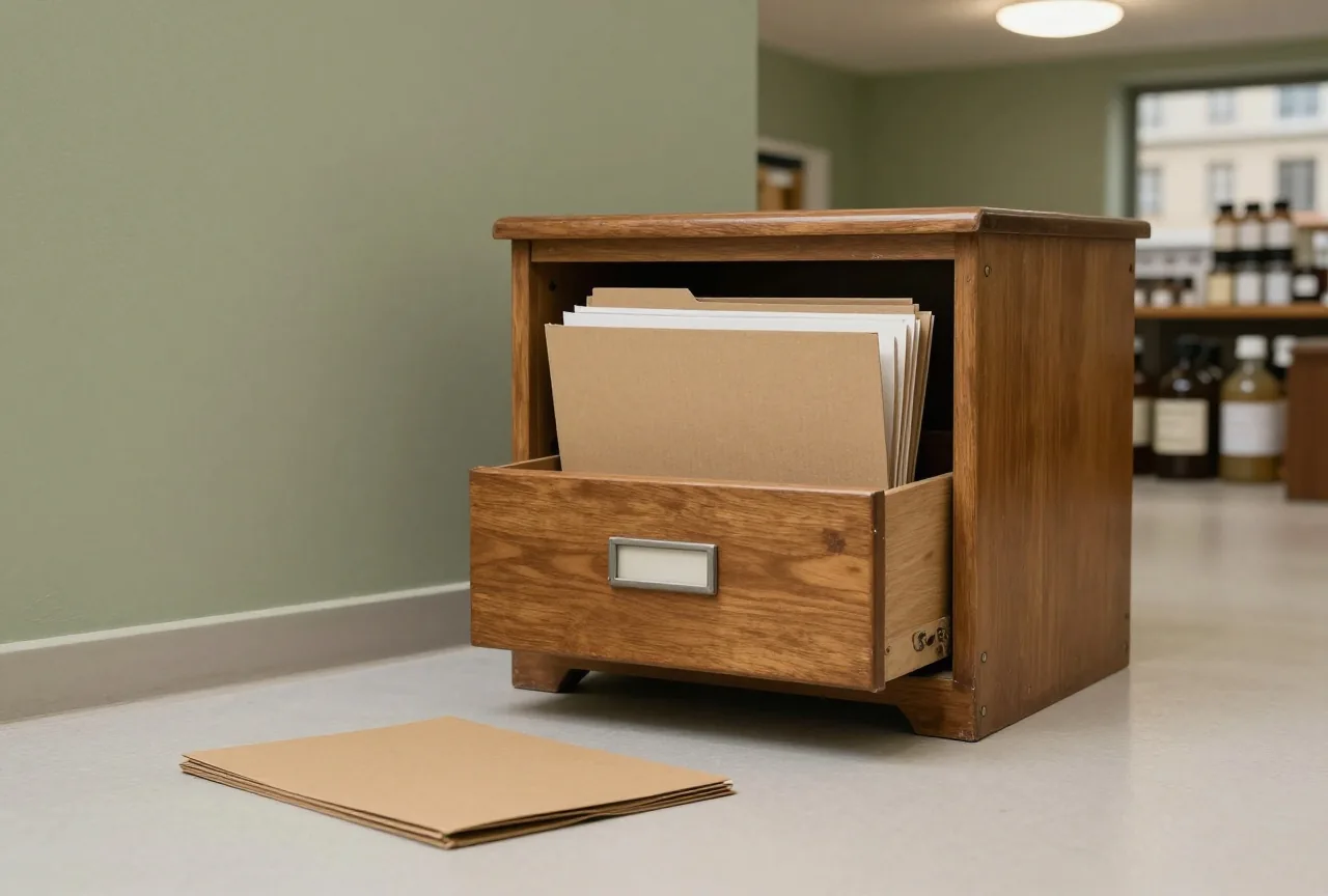 Ein alter Aktenschrank mit halb geöffneter Schublade, daneben liegt eine geschlossene Mappe auf dem Boden
