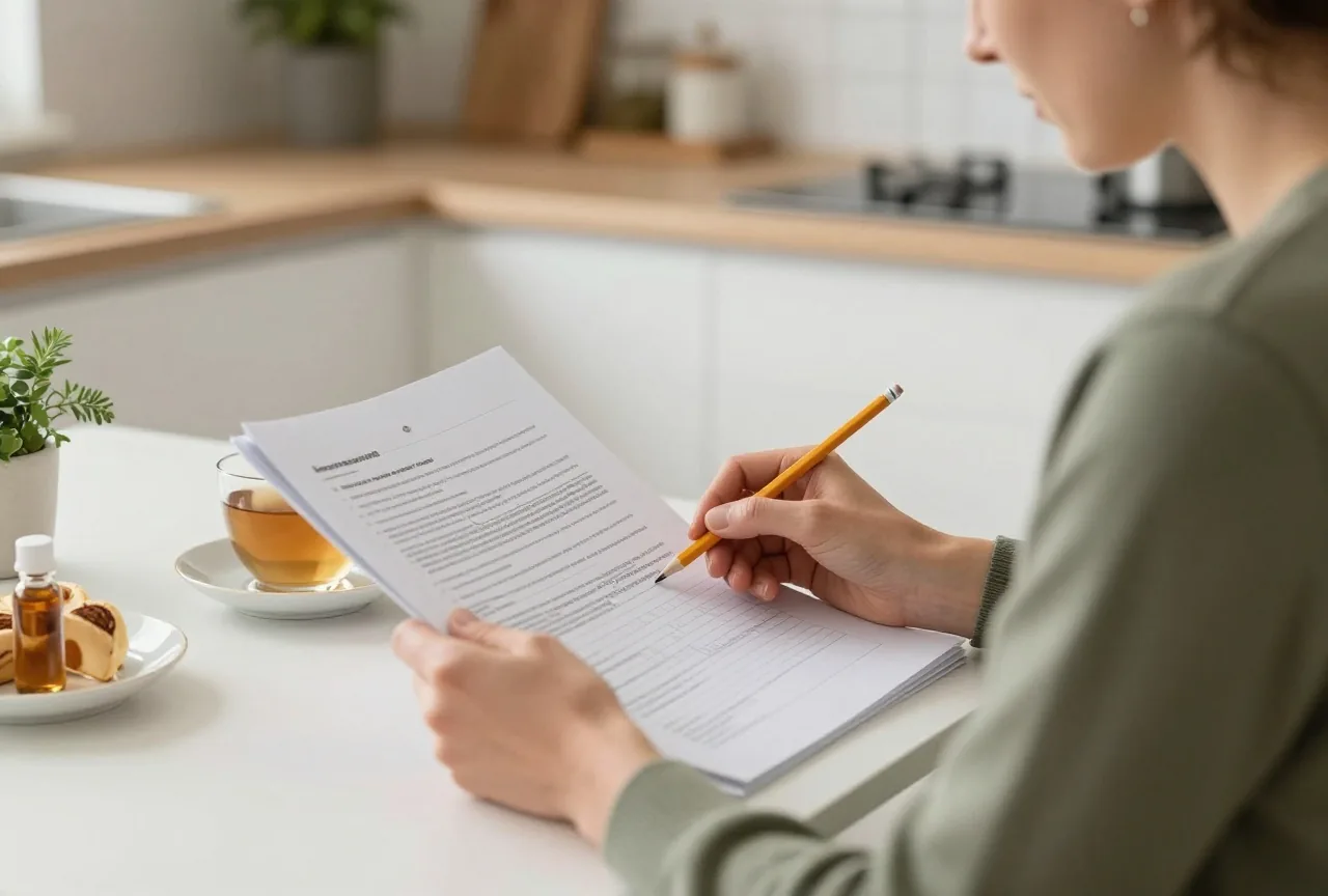 Eine Frau um die vierzig liest am Küchentisch einen geklammerten Ausdruck, in der Hand einen Bleistift