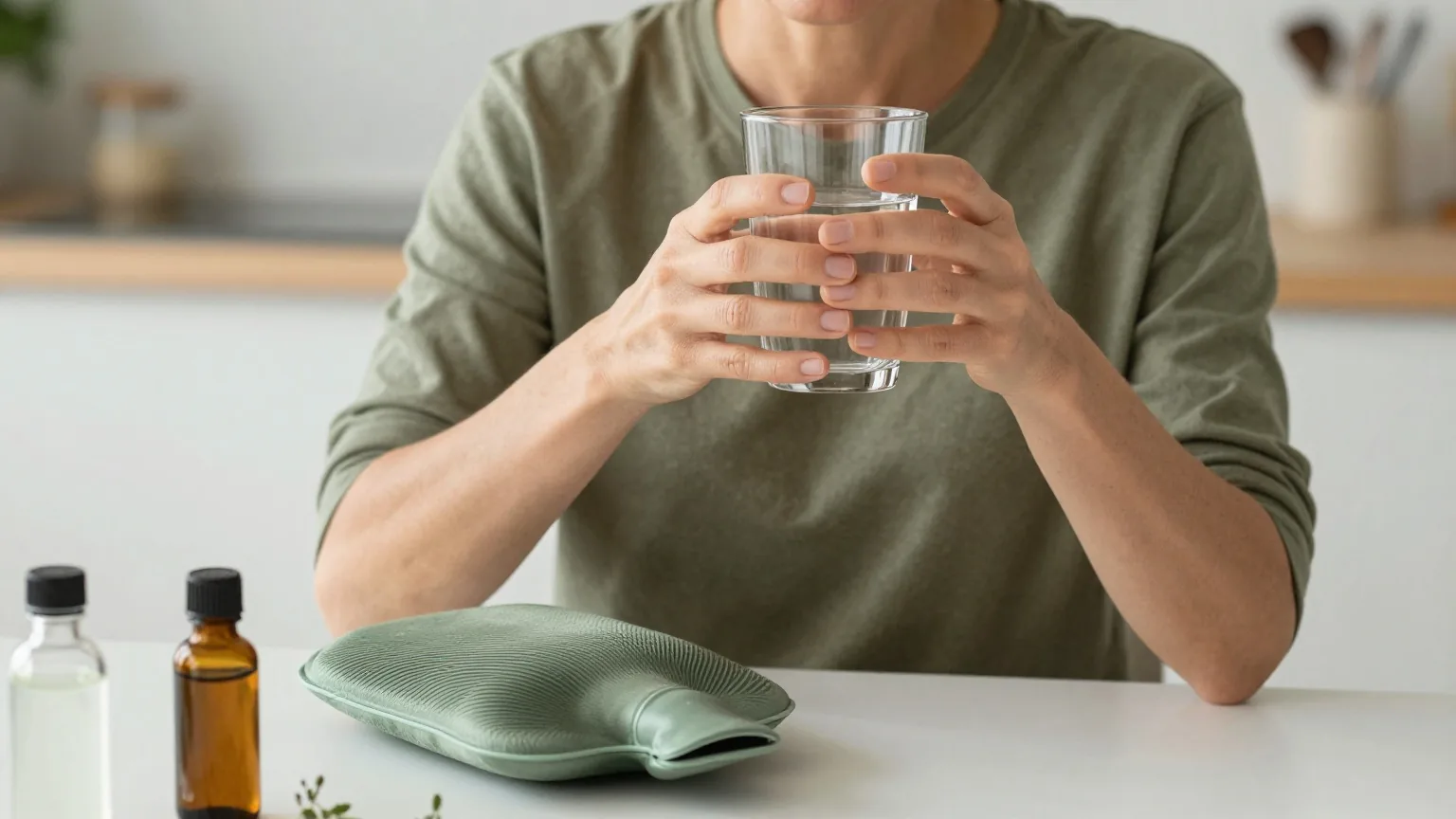 Frau sitzt am Küchentisch und hält ein großes Glas Wasser, neben ihr liegt eine Wärmflasche