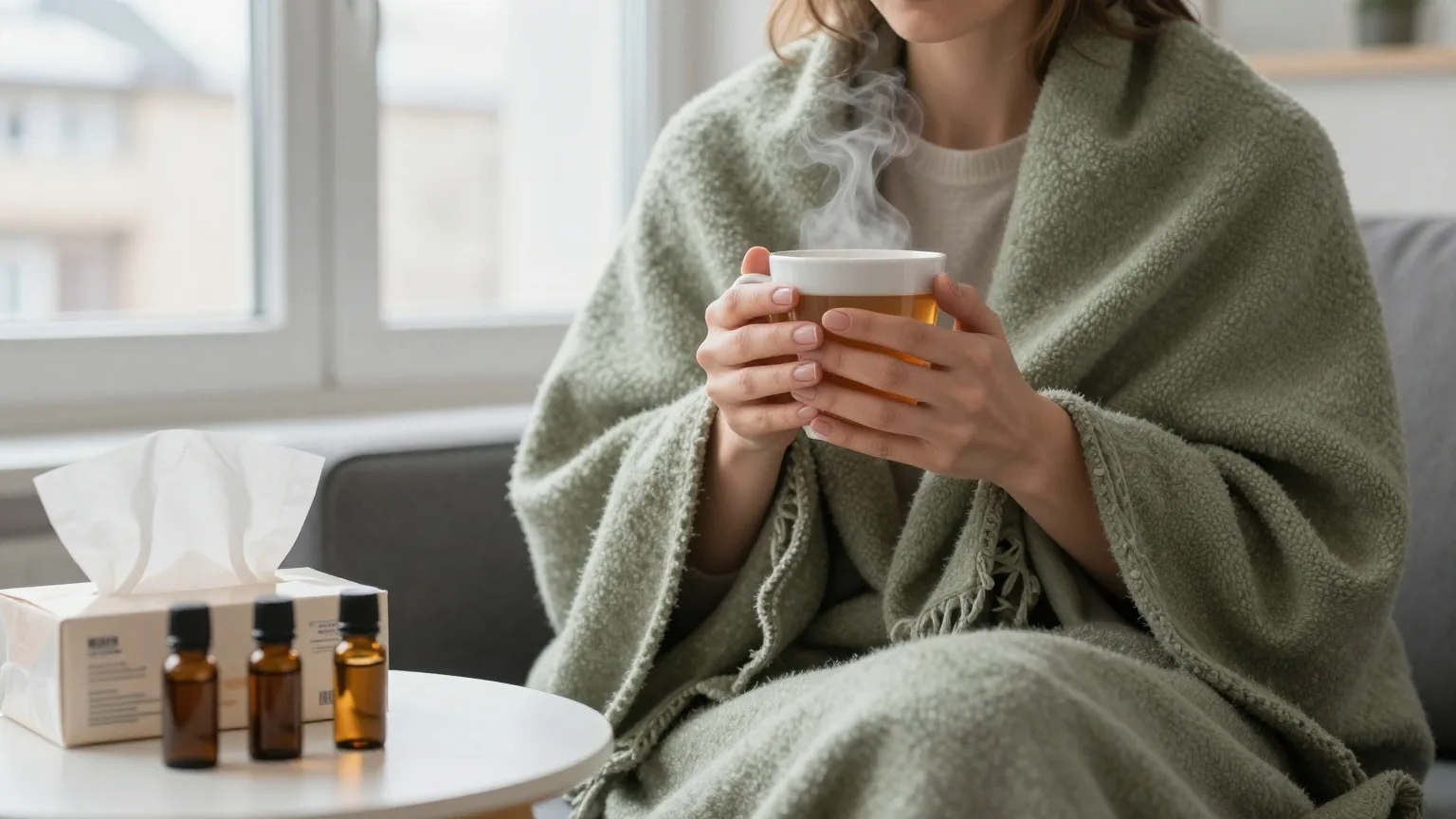 Frau sitzt in eine Wolldecke gehüllt auf dem Sofa und hält eine dampfende Teetasse