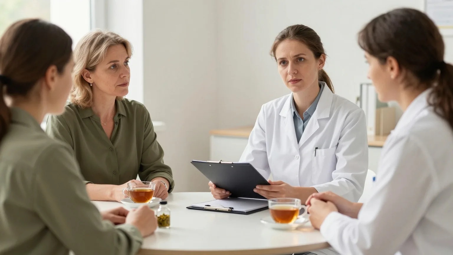 Patientin und Ärztin sprechen an einem runden Tisch in einem ruhigen Klinikbüro miteinander