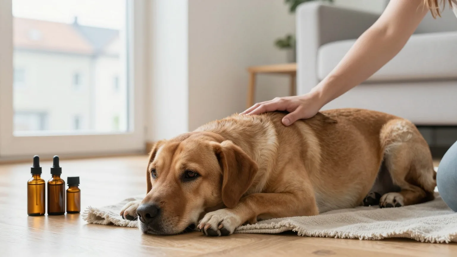 Ruhiger brauner Hund liegt auf einer Decke im Wohnzimmer, eine Hand ruht sanft auf seinem Rücken