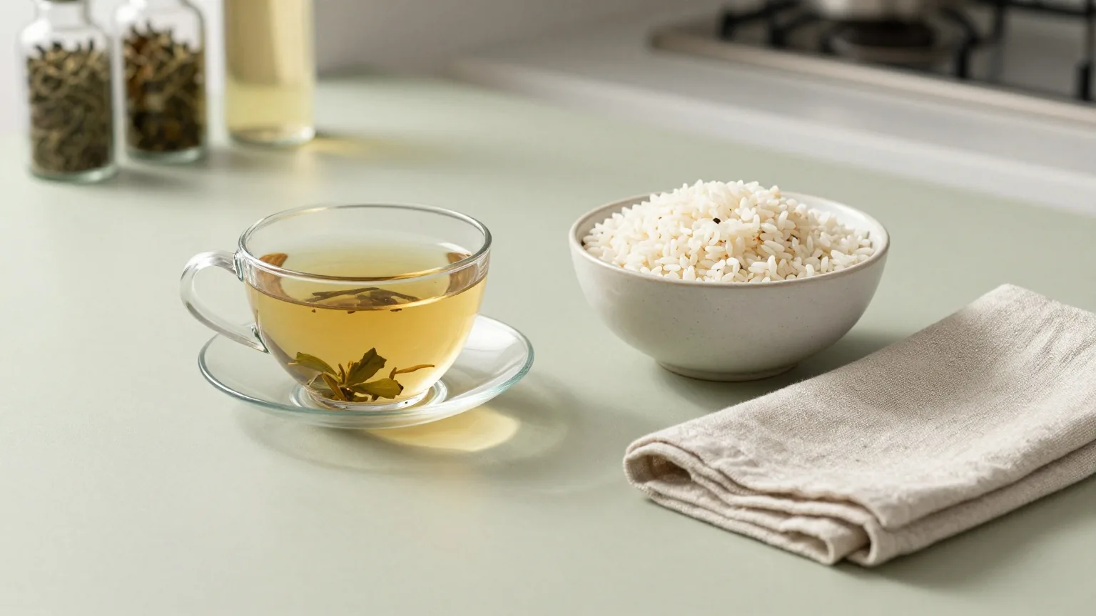 Küchentisch im Morgenlicht mit einer Tasse Kräutertee, einer Schale Reis und einer gefalteten Leinenserviette