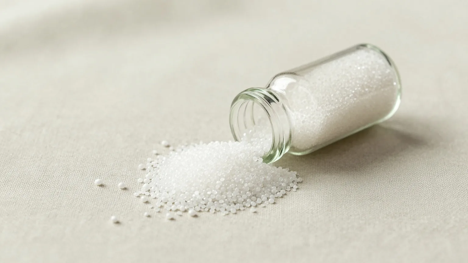 Viele kleine weiße Zuckerkügelchen rollen aus einem durchsichtigen Glasfläschchen auf ein helles Leinentuch